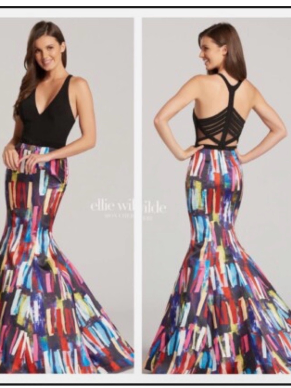 Mon Cheri Black Bodice Multicolor Brushstroke Mermaid Gown Size 2
